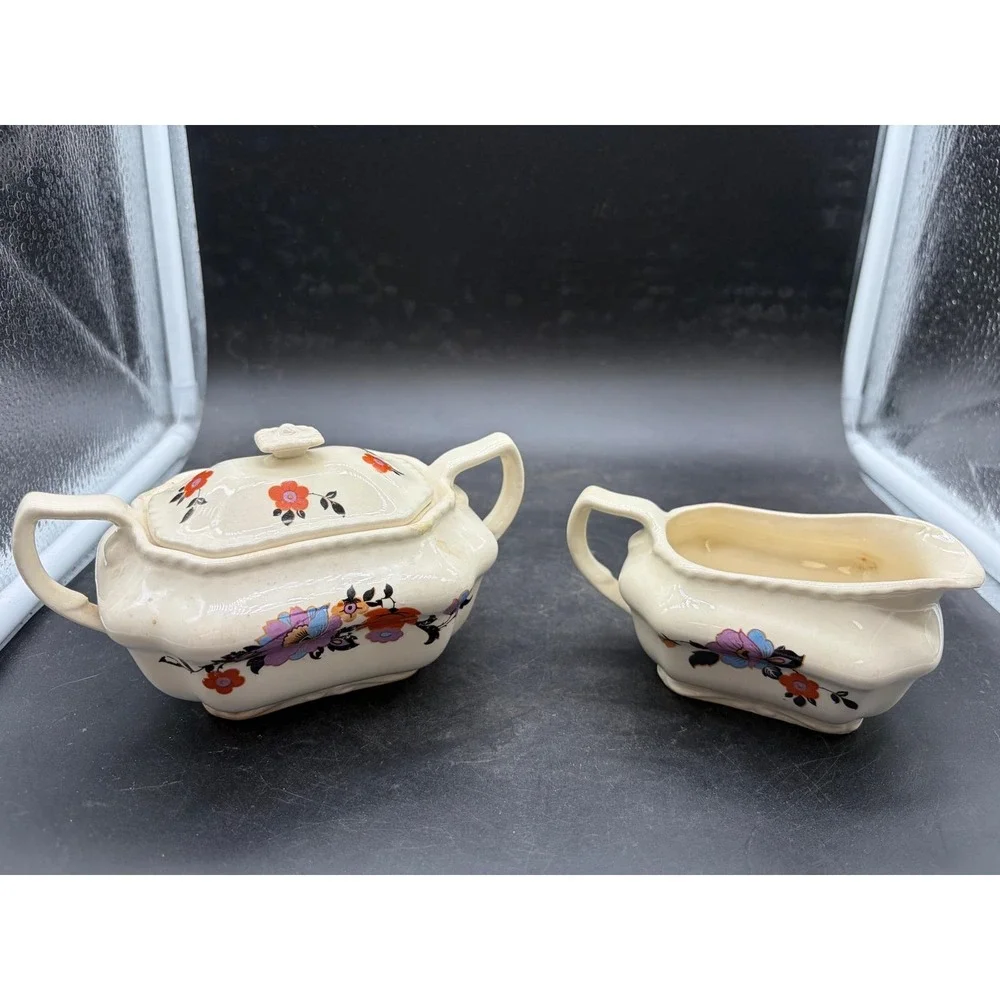 Vintage Steubenville Ivory Floral Sugar Bowl and Creamer Set Multi Color Flower